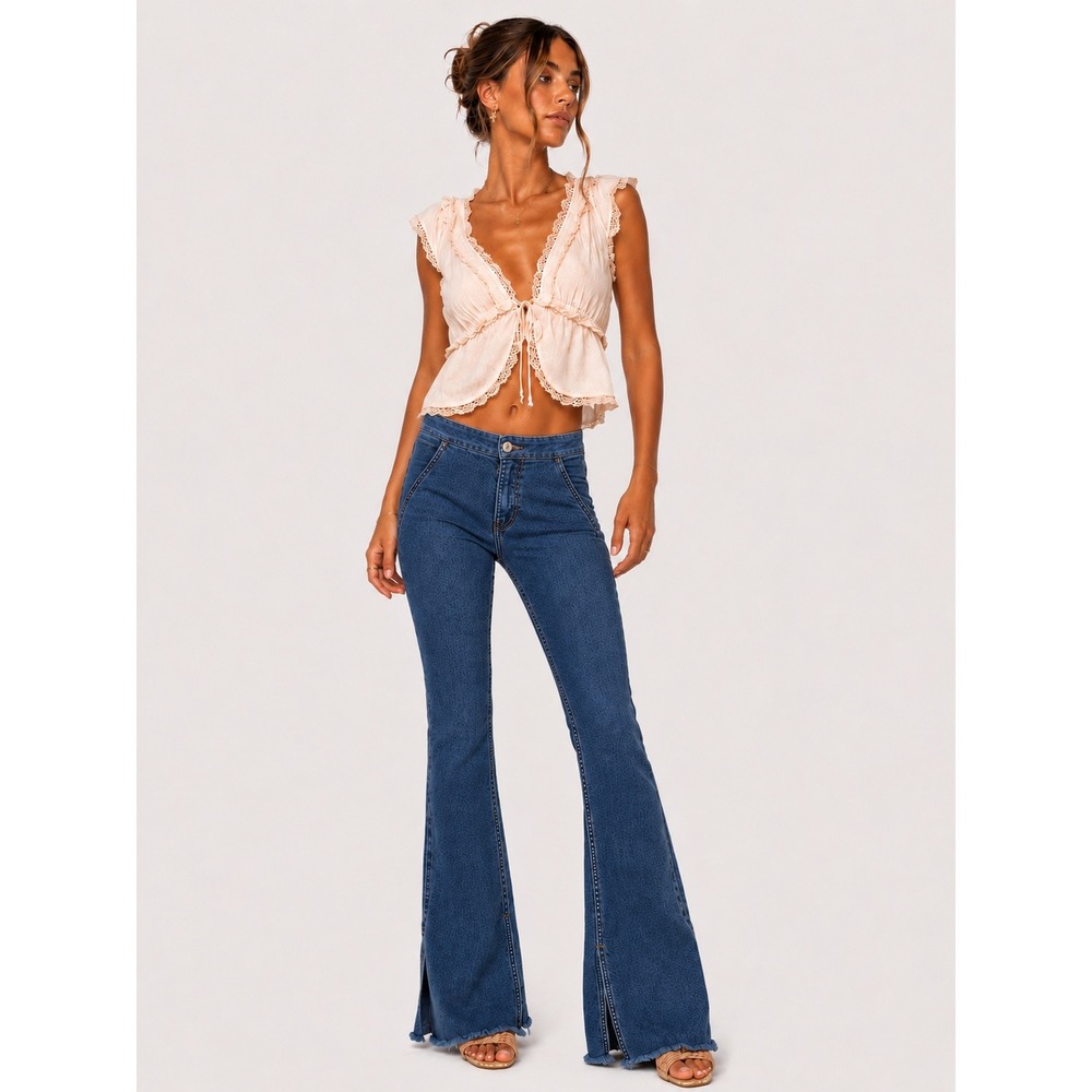 We The Free People Just Float On Flare Jeans Blue Raw Hem 26